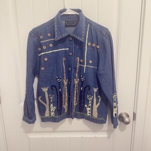 Life Style Women's Jean Button Up‎ Shirt Unique Cat Design Petite Size SP